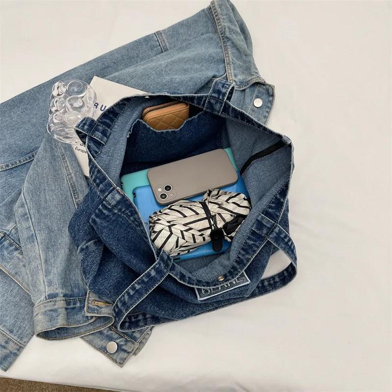 Tvättad Denimtyg Axelväska Dam Alfabet Stor Kapacitet Pendlar Handhållen Damväska Fritid Student Klassväska