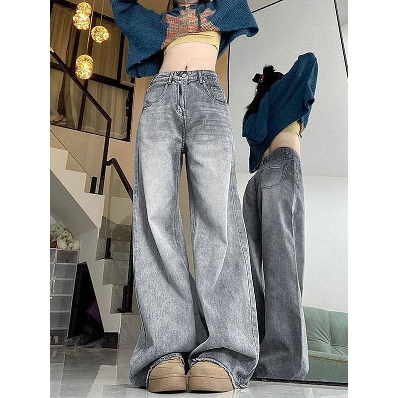 Washed Light Gray Retro American Wide Leg Denim Women's Small High Waist Loose and Slimming Burr Straight Pants