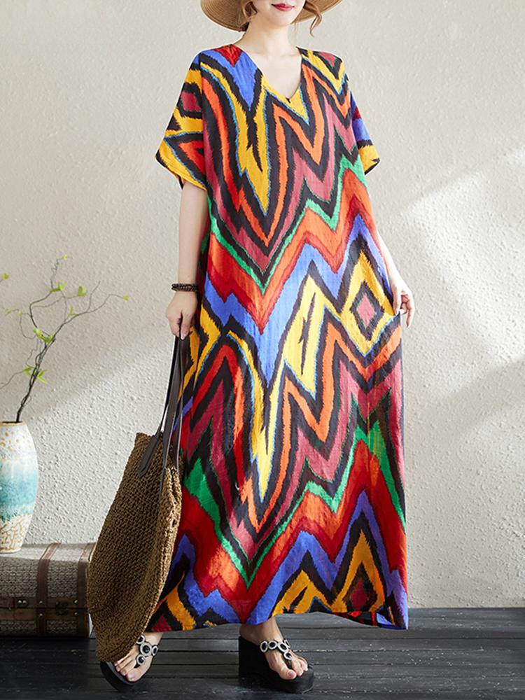 

XITAO Print Wave V-neck Dress ZMY1029 One Size червоний