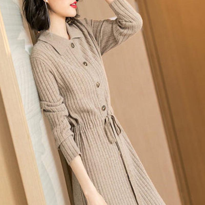 

2025 Осень/Зима Приталенное Платье из Длинного Вязаного Шерстяного Трикотажа для Женщин - Длина Ниже Колена, Длинный Рукав, Элегантный Дизайн M верблюд