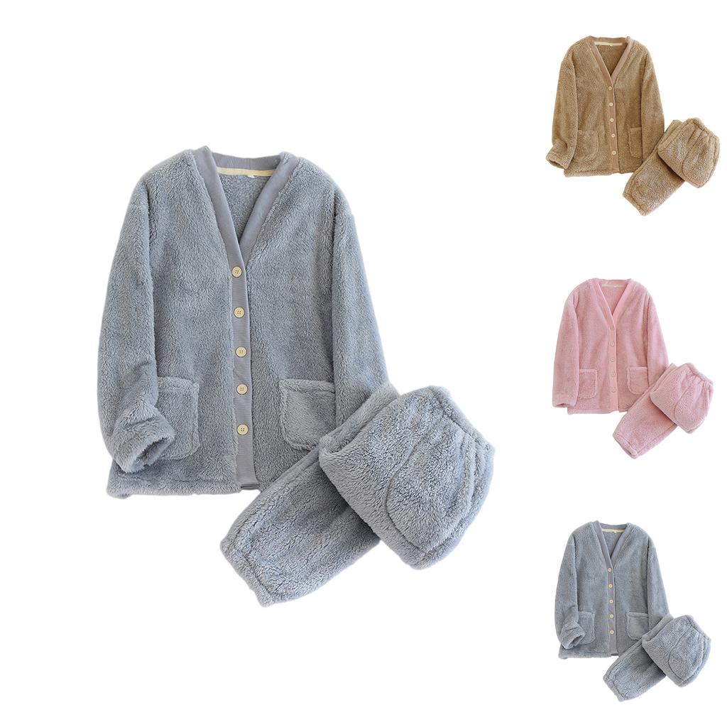 Ladies' Casual And Comfortable V-neck Warm And Plush Home Clothes Cardigan Sleepwear And Pants Set
