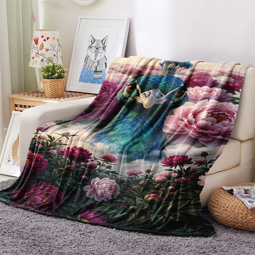 1PC Peacock and Peony Print FlAannel Blanket, High quality Comfortable for All Seasons, Home Decor, Warmth and Comfort