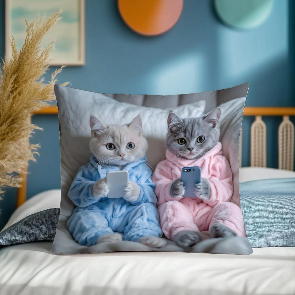 Cute Cat Printed Pillow Cover Two Cat Playing with Mobile Phone Pattern Warm Home Sofa Car Cushion Cover Decor Gifts1PC