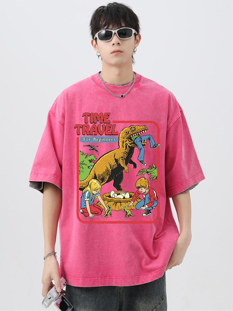 Stealing Dinosaur Baby Caught Washed Retro T Shirt Men Fashion Clothing Cotton Summer Casual Tops Hip Hop Loose Cotton T-Shirt