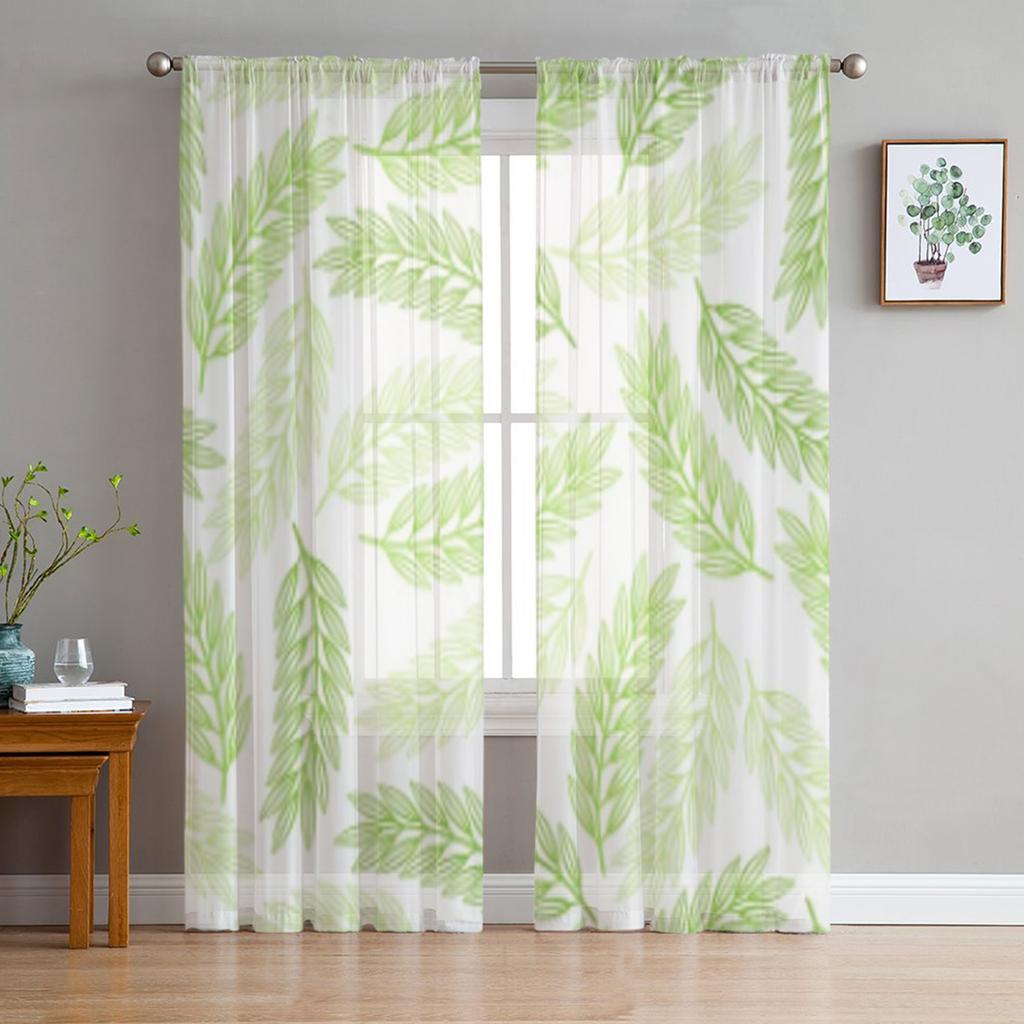 Zweig Frische Grüne Blätter Gardinen für Wohnzimmer Transparent Tüll Fenster Vorhang Schlafzimmer Küche Wohnkultur Schleier Vorhänge