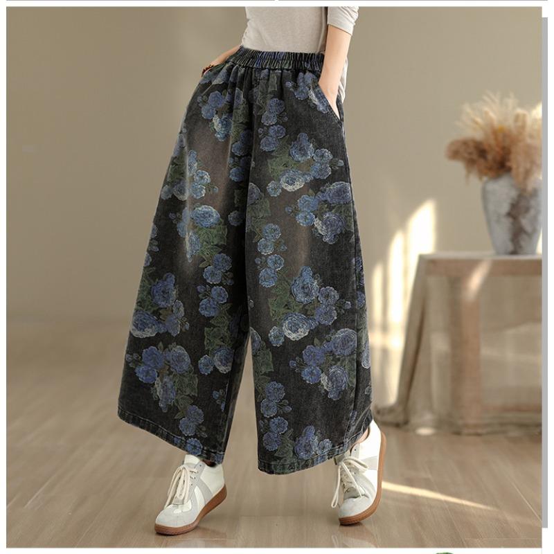 DIMANAF Plus Size Autumn 2025 Jeans New Long Pants Women Loose Denim Trousers Big Size Casual Floral Print