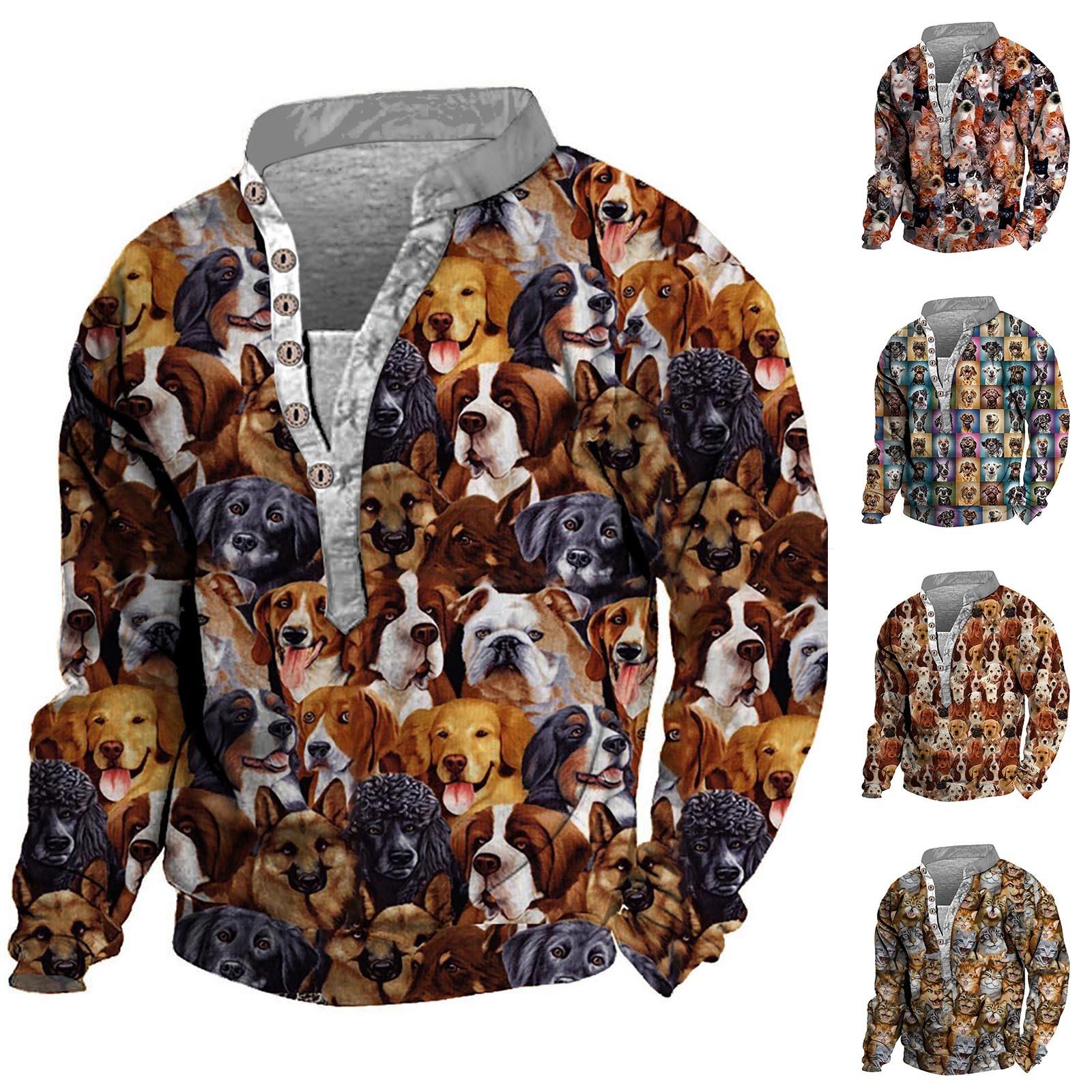 

Мужской свитер с v-образным вырезом и воротником-стойкой с 3D цифровой печатью и винтажным воротником на 6 пуговицах