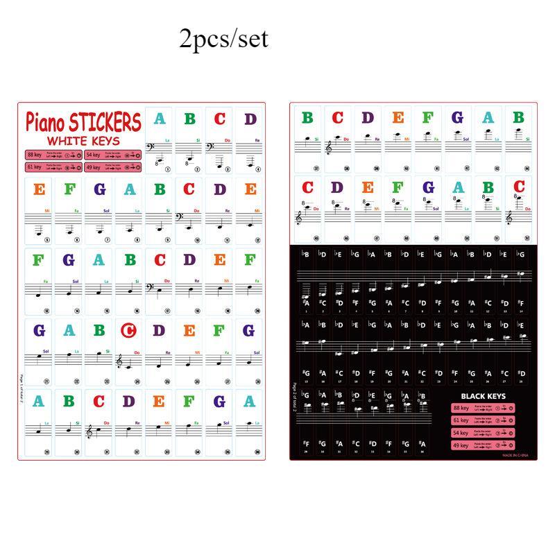 

2 sets of piano keyboard stickers, 88/61/54/49 keys with removable colored note labels, beginner letter piano stickers