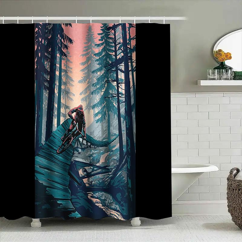 Mountain Bike Shower Curtain Nature Forest Scenic Outdoor Adventure Sports Gym Decor Waterproof Bathroom Fabric