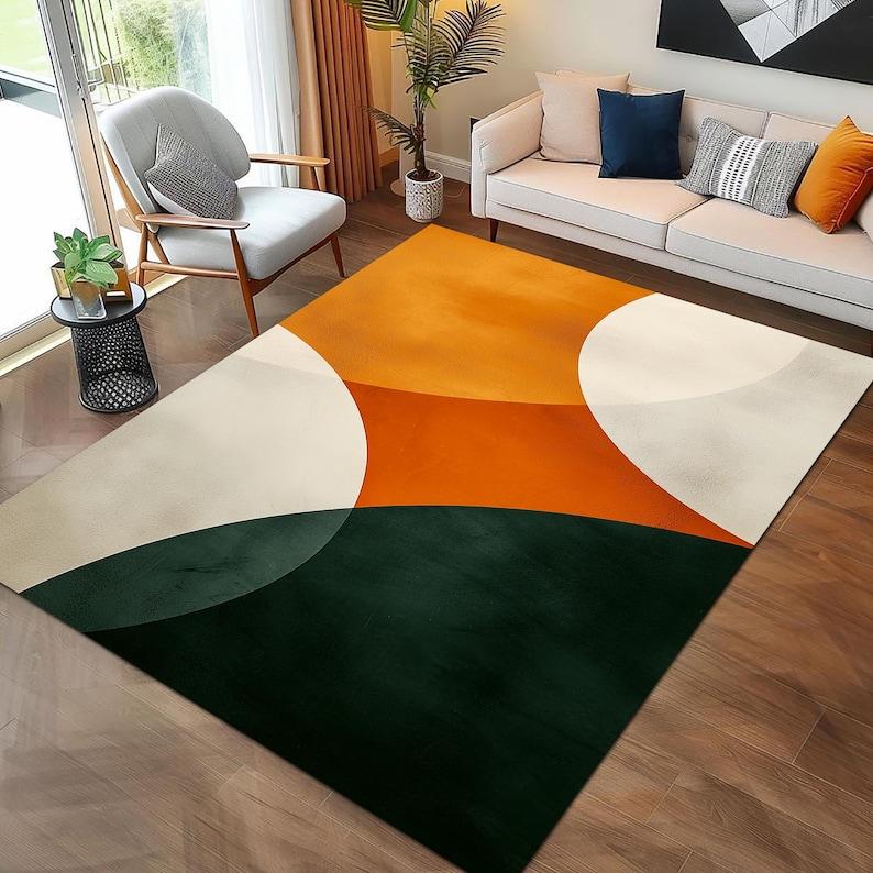 Shades Green Orange Modern , Boho Dorm Decor, Modern Art, Contemporary, Living Room Decor, Orange Details Rug