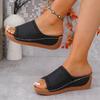 European and American Round Head Retro Solid Color Sandals Hollow Sewn Wedges Women's Shoes
