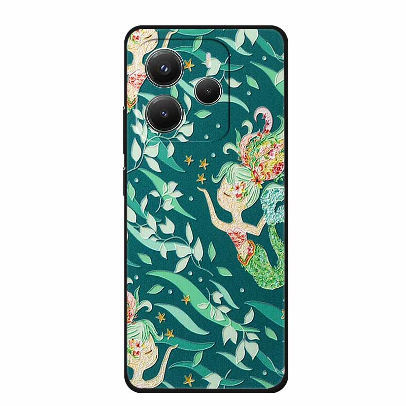 3D Emboss Case For Xiaomi Redmi Note 14 Phone Case Flowers Black Silicone Soft Back Cover Coque For Redmi Note 14 5G Global Case