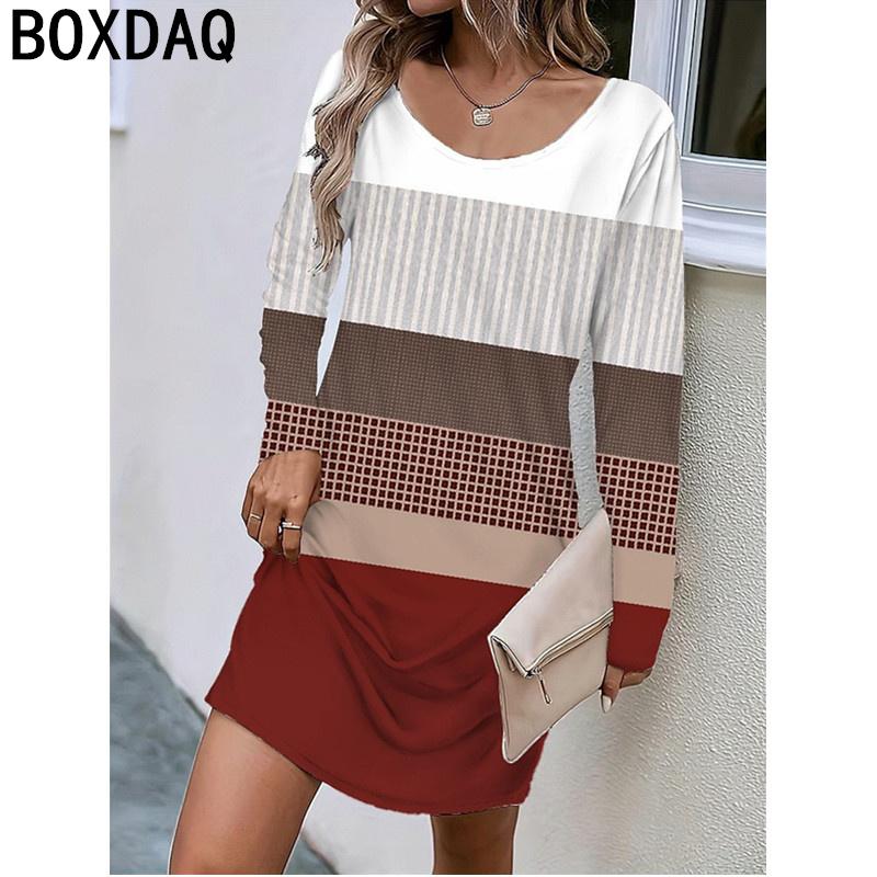 Women Long Sleeve O-Neck Casual Dress 3D Vintage Color Block Splicing Dress Big Size Casual Loose A-Line Dress Vestidos De Mujer