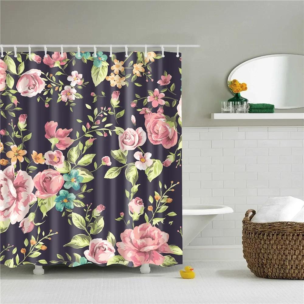 Rose Plum Blossom Flowers Print Waterproof Shower Curtain Washable Fabric Bath Curtain Home Bathroom Curtains With 12 Hooks