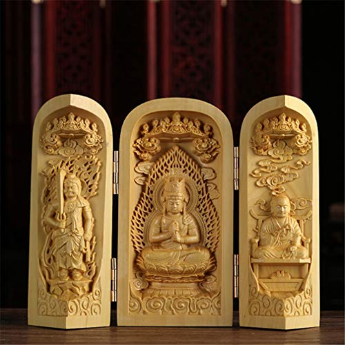 Three-Open Buddha Kannon Statue [Mahavairocana] Wood Carving, Mini Buddhist Altar, Buddhist Box, Buddhist Shrine Ornament (10cm H x 13cm W x 5.5cm D)