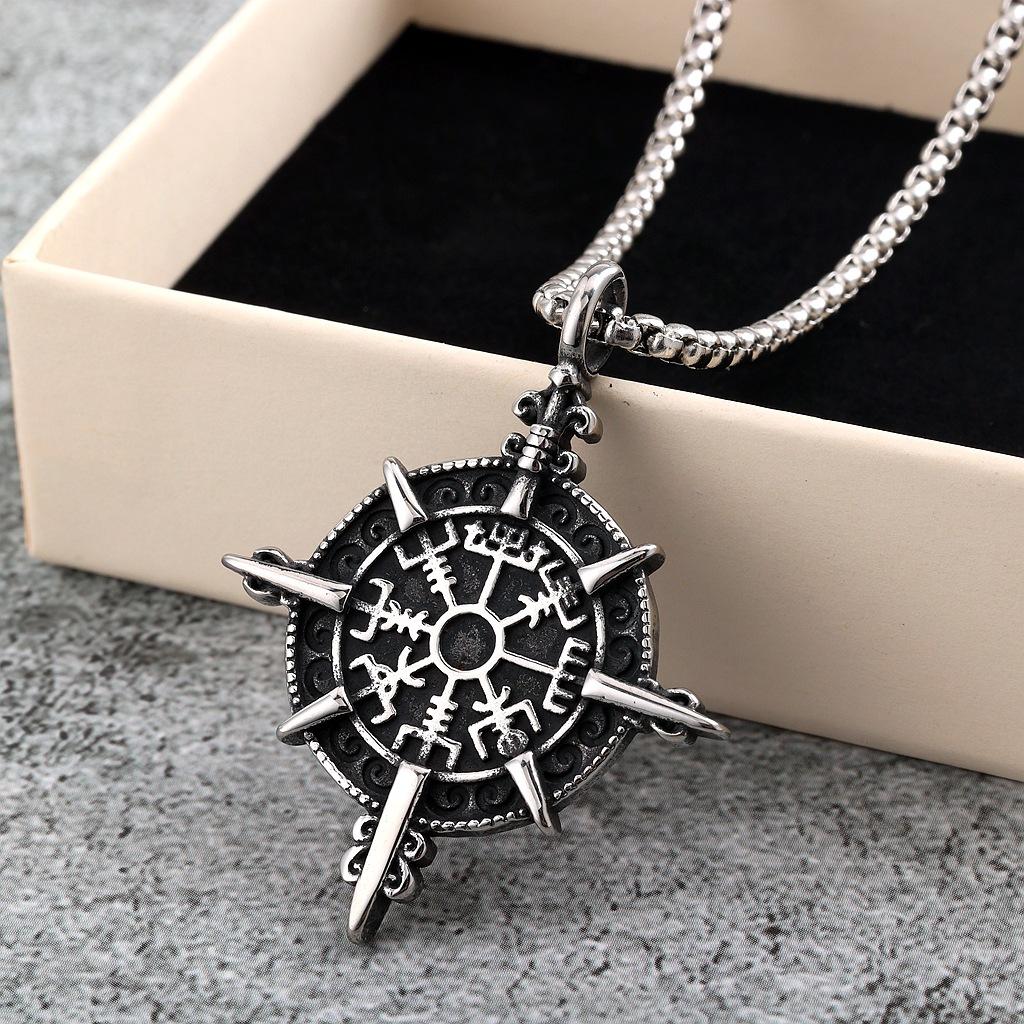 Vintage Nordic Men's Stainless Steel Men's Pendant Viking Compass Rune Necklace Pendant