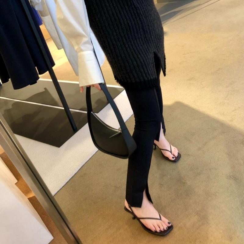 Sheepskin Version~ Genuine Leather One-word Cat Heel Sandals Women's Summer Foot Pinching Herringbone Cool Slippers High-heeled Sandals