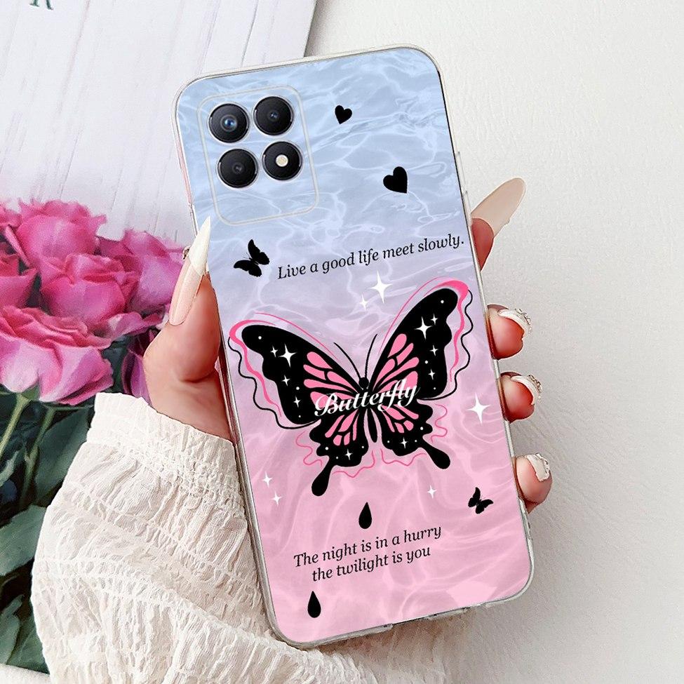 Clear Cover For Realme 8i Case RMX3151 Luxury Butterfly Love Flowers Cool Painted Phone Case For Realme Narzo 50 RMX3286 Cover