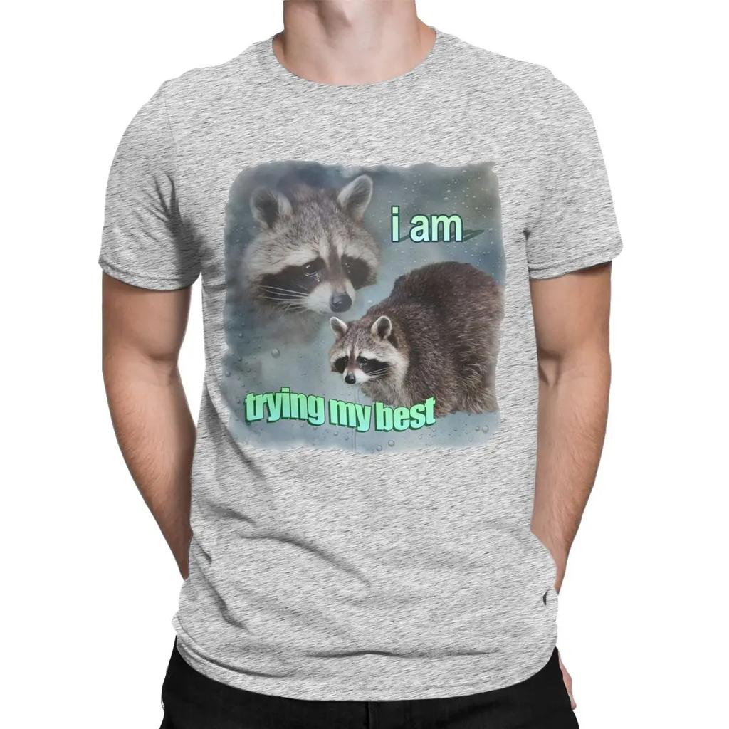 I Am Trying My Best Raccoon Word T Shirt Men's 100% Cotton Vintage T-Shirts Crew Neck Tees Short Sleeve Tops Classic