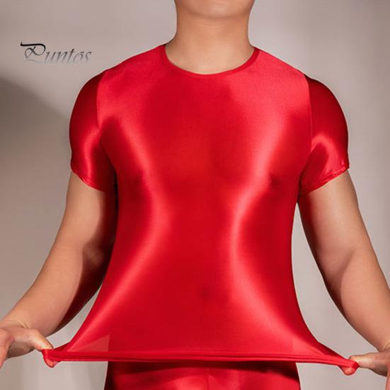 Men T-shirt Thin High Elasticity Round Neck Short Sleeves Slim Fit Good Breathability See-through Glossy Surface Top