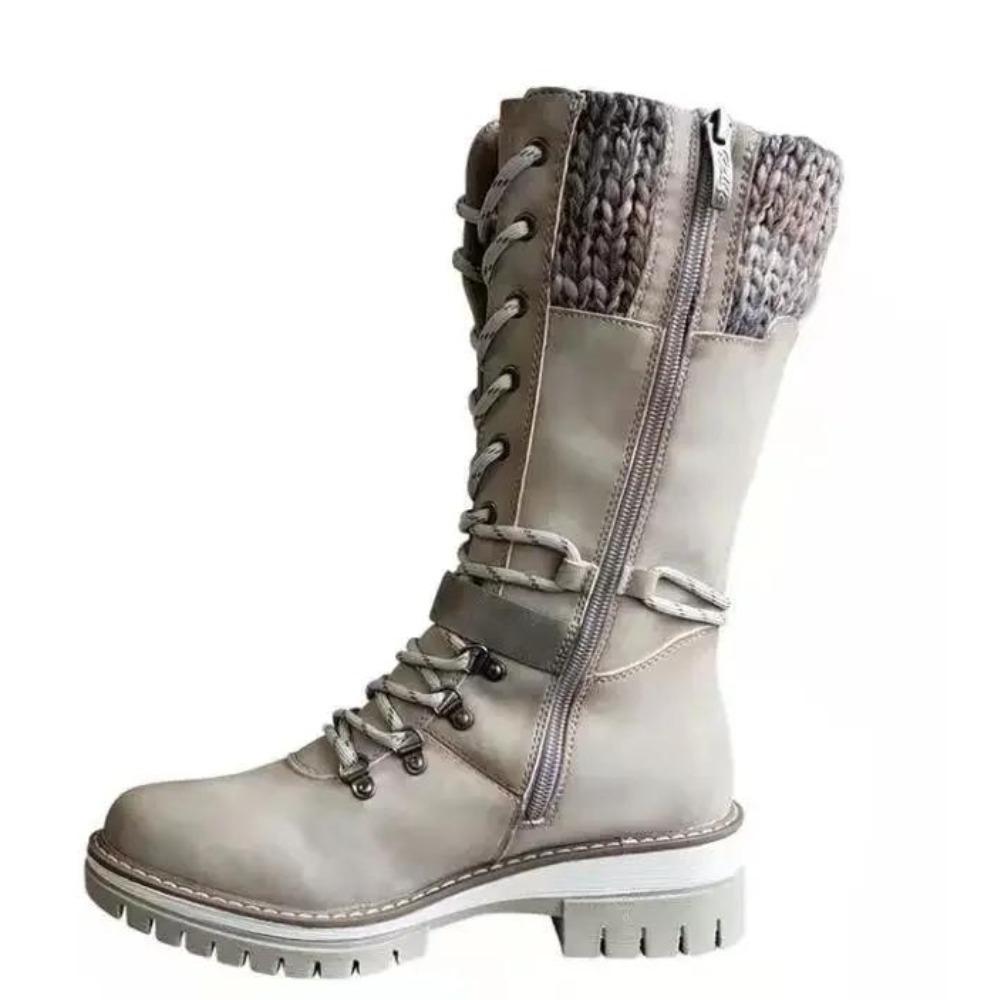 Bottes Mi-Mollet Thermiques de Mode pour Femmes, Bottes Tricotées Épissées à Lacets avec Fermeture Éclair Latérale, Bottes d'Extérieur Tout Terrain