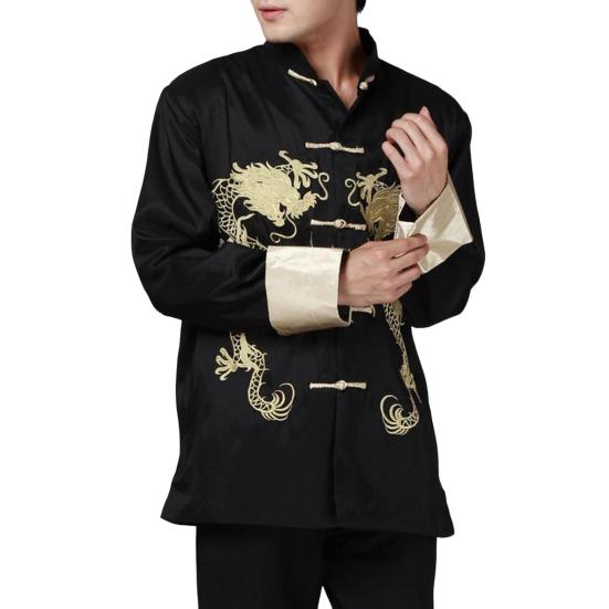 Sako v stylu Tang se dvěma draky Retro čínský styl Dlouhý rukáv Stojáček Kabát Tradiční čínské oblečení