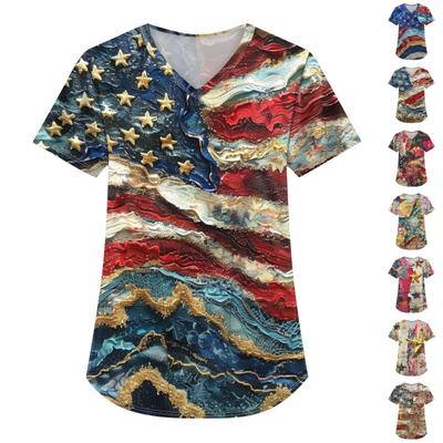 Übergröße Bedruckte Kasack Arbeitsuniform Oberteile für Damen V-Ausschnitt Unabhängigkeitstag Druck Kurzarm Lustige T-Shirts Arbeitskleidung T-Shirt mit Taschen