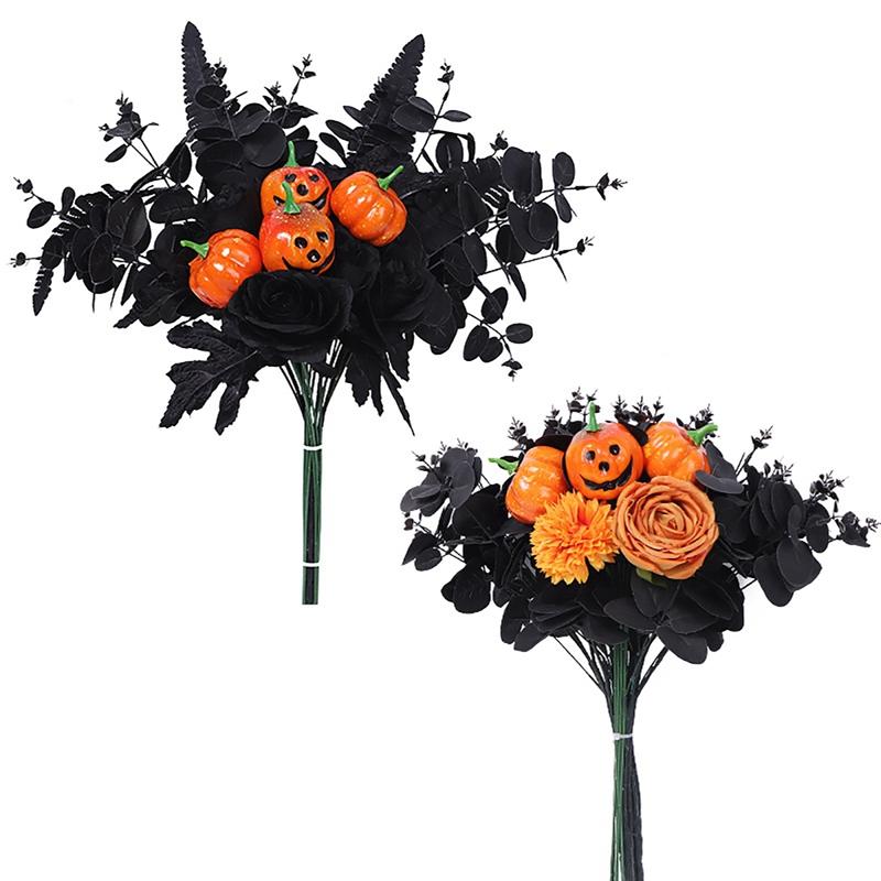

Halloween Artificial Flowers Bouquet Pumpkin Maple Leaf Floral Stems Halloween Creepy Centerpieces Bouquet for Halloween Decor