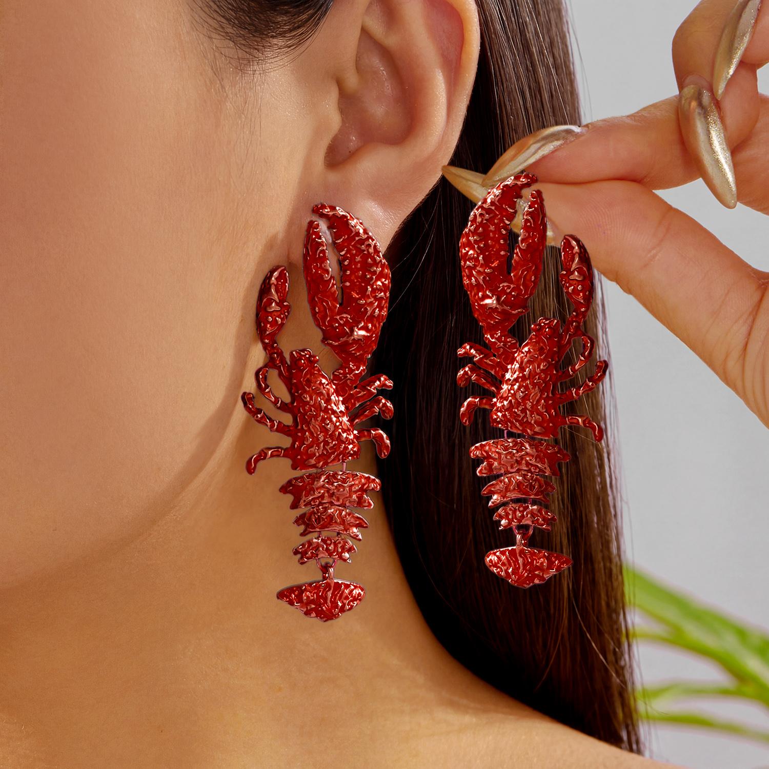 

Summer Funny Cute Red Lobster Dangle Earrings for Women Shiny Rhinestone Enamel Lobster Earring Ocean Vacation Animal Zircon