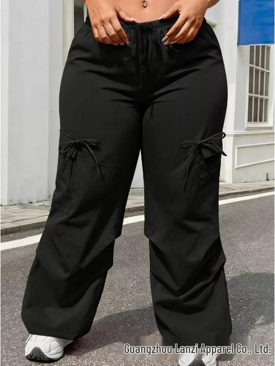 Plus Size Black Trousers with Slit & Bow Detail - Elastic Waist, Loose Fit