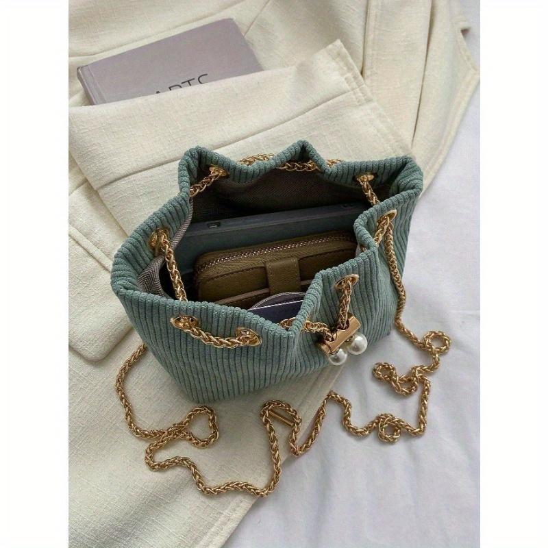 Fashion Solid Color Hollow Out Woven Chain Drawstring Mini Crossbody Bucket Bag