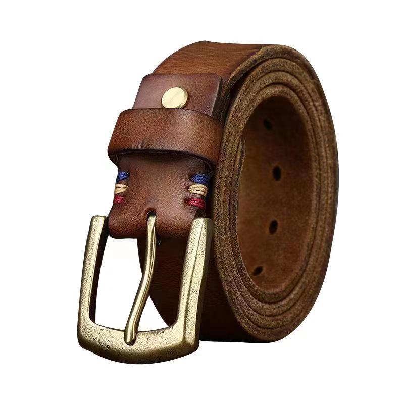 Belt Men's Thick Retro Vegetable Tanned Cow Leather Brass Buckle Belt Men's Casual Rough Fashion