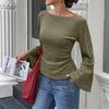 Women Ribbed Pullover Long Sleeve Casual Top Boat Neck Flared Sleeve Stretch Knit Shirt Slim Fit