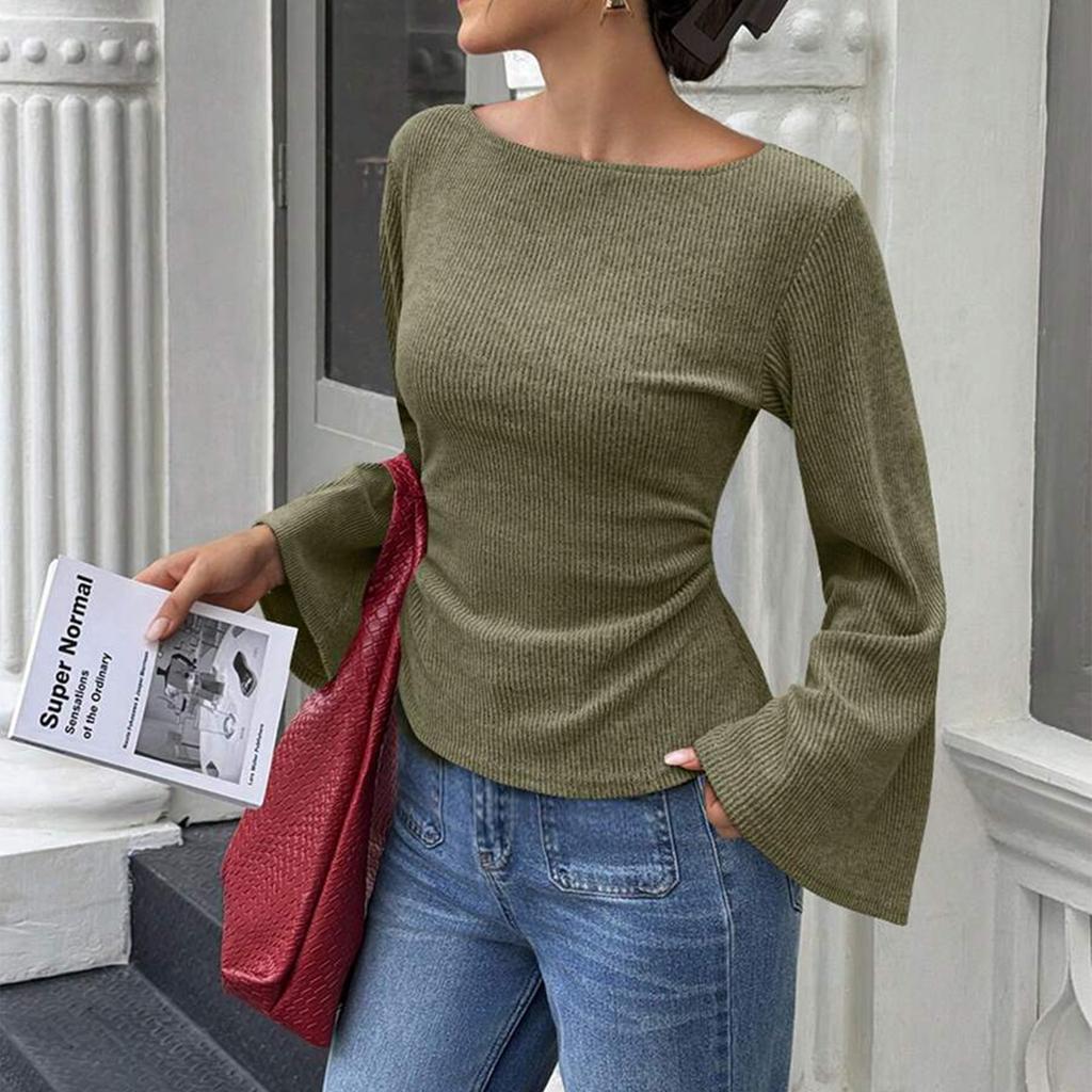 Women Ribbed Pullover Long Sleeve Casual Top Boat Neck Flared Sleeve Stretch Knit Shirt Slim Fit