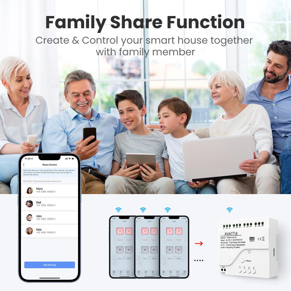 

AVATTO Tuya WiFi 4-канальный модуль интеллектуального переключателя, реле дистанционного управления 7-32 В/85-250 В, голосовое управление с Alexa Google