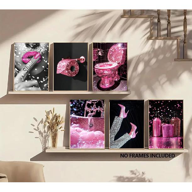 6Pcs Fashion Bathroom Canvas Wall Art Black and Pink Glam Glitter Tissue Funny Modern Women Painting Pictures Wall Decor Poster Print Artwork for