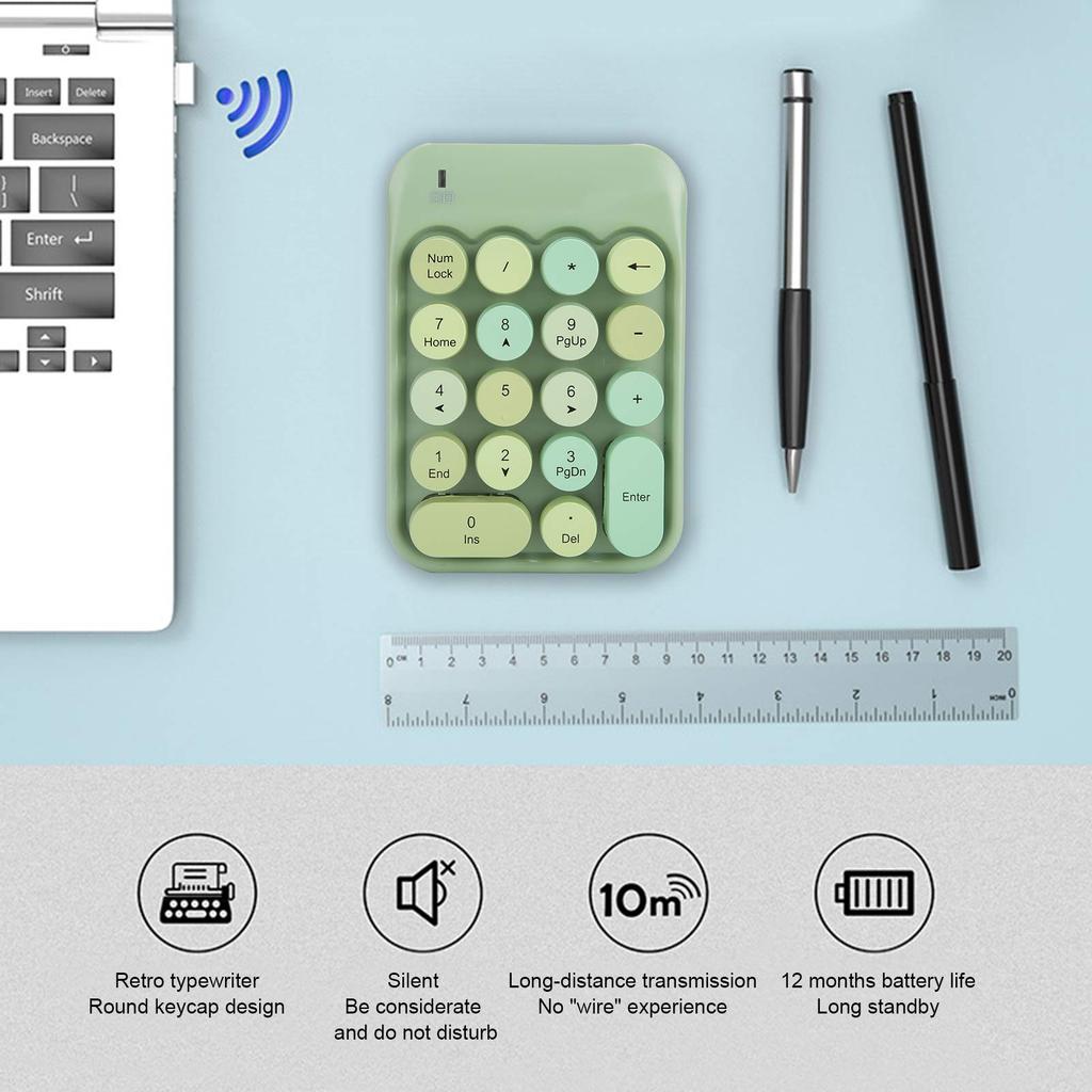Wireless 2.4G Numeric Keypad with Backspace Key for One-Handed Use, Quiet Typing, and Long Life, Compatible with XP, Win7, Win8, Win10, and iOS