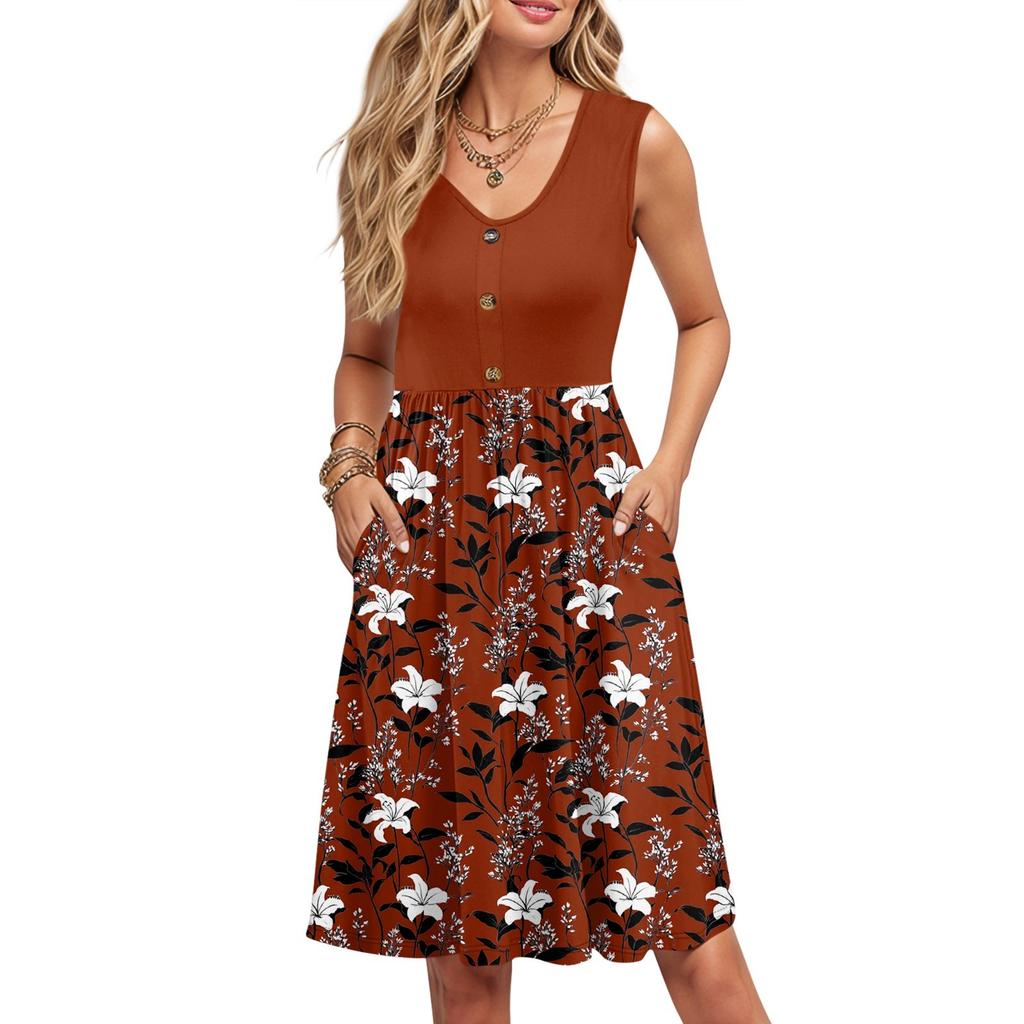Damen Sommer Druck Kleider Ärmellos Lässig Locker Schwingend Knopfleiste Midi Sommerkleid mit Taschen