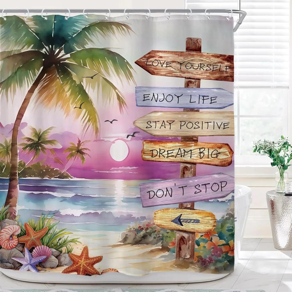Ins Tropical Beach Palm Tree Shower Curtain Bathroom Decoration Coastal Sunset Landscape Art Waterproof Shower Curtain