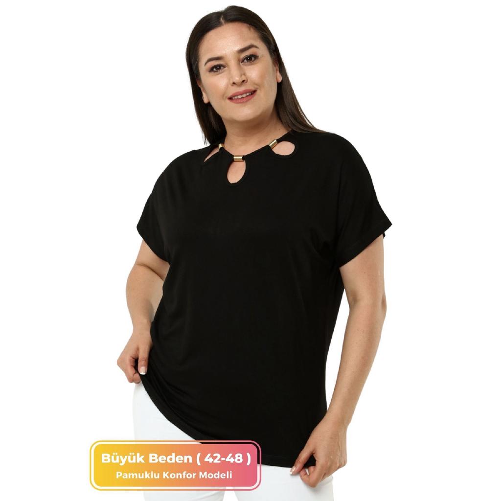 Plus Size Comfort Model Stylish Collar Detailed Cotton Curve Short Sleeve Summer Evening Dress Tunic T-shirt