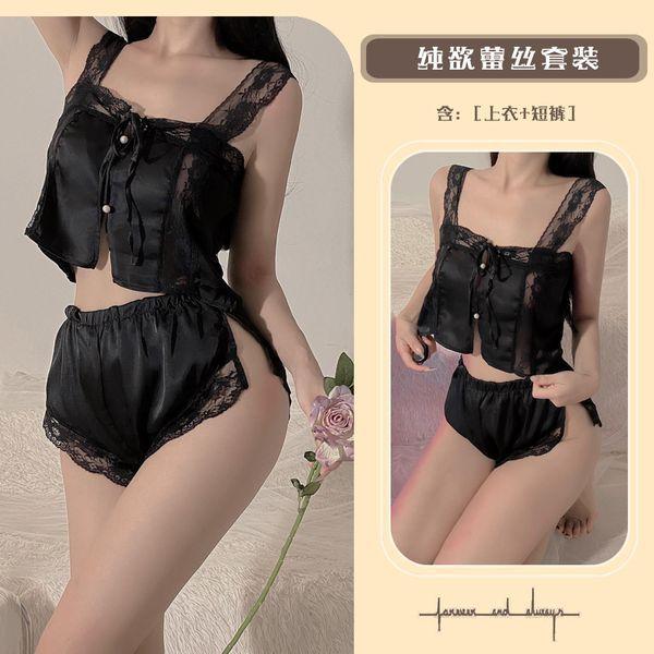 

Pure desire style lingerie sexy square neck lace-up ice silk pajamas summer thin sexy split suspender pajamas women One size fits all чёрный
