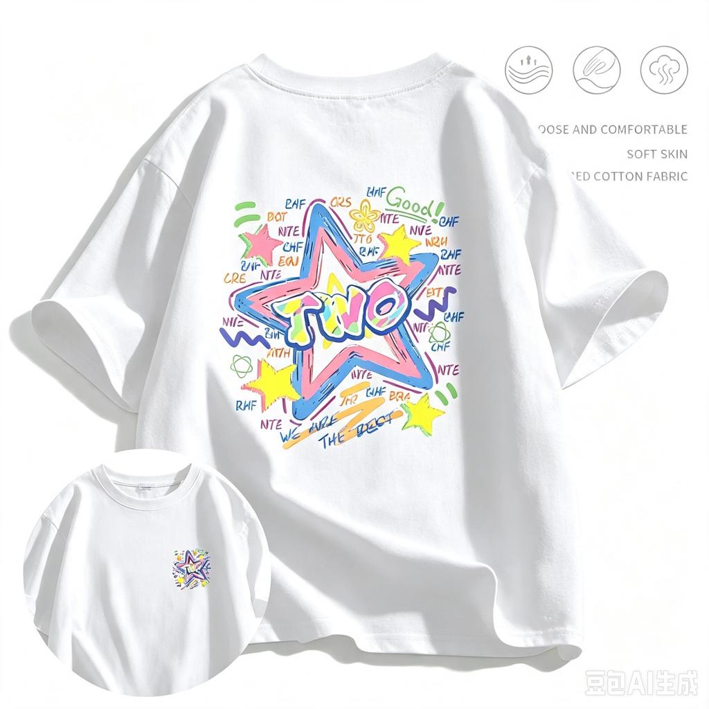 Graffiti Shortsleeved Pure Cotton Printing American Unisexs and Womens New Summer Loose Trendy Couple Versatile Top