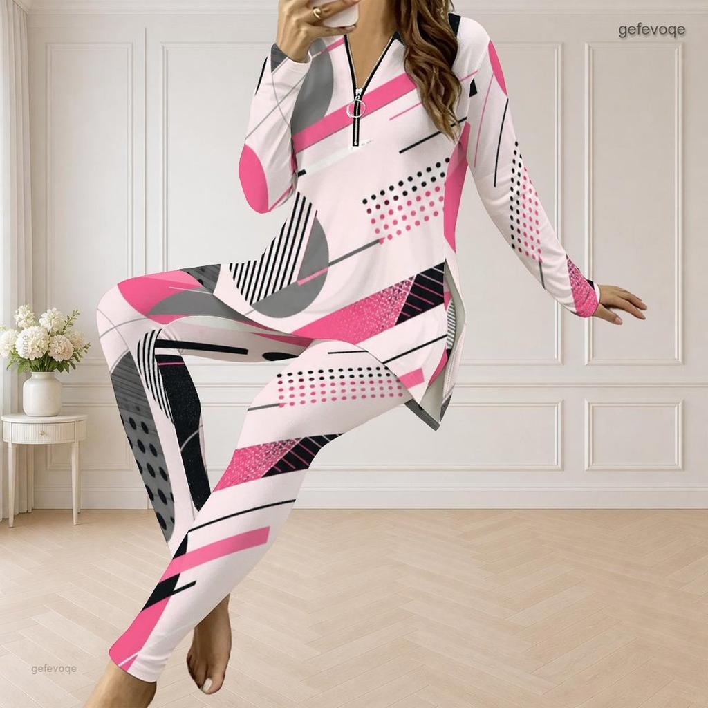 Women Plus Size Geometric Printed Half Zip Long Sleeve Longline Top Fitted Pants Two Piece Set