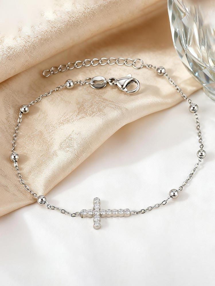 Zierliches Reiskorn Zirkon Kreuzarmband für Damen Edelstahl Kreuzarmbänder Exquisites Oster Schmuckgeschenk