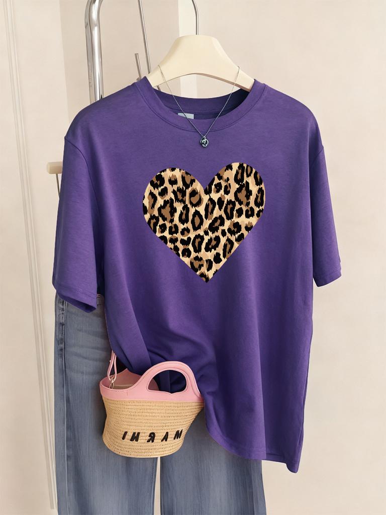 Leopard Heart Shape Printing TShirt Womens Basics Comfortable T Shirts Loose ONeck Short Sleeve Tops Summer Soft Woman Clothes
