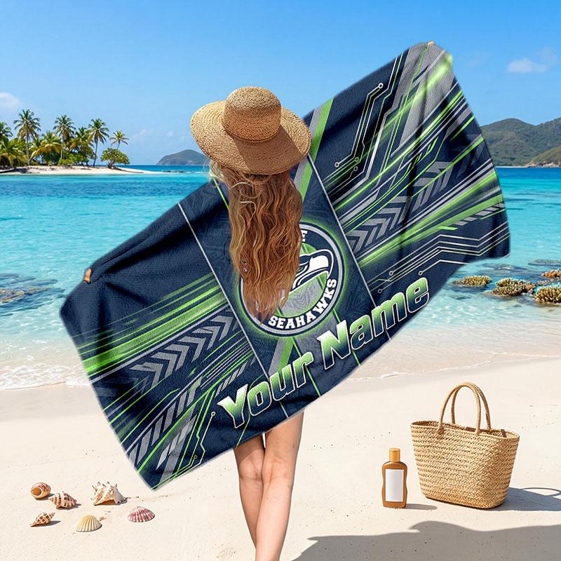 Seattle Seahawks Customized Name Text Beach Towel, Soft Absorbent Towel Beach Pool Travel Personal Gift