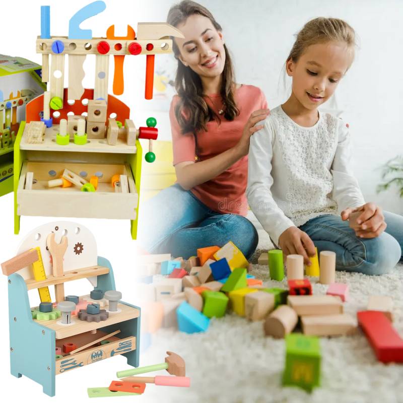 Wooden Children Table Top Work Bench Tools Set Toy Kids Puzzle Hands On Games