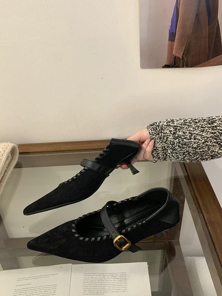 Temperamentvolle Damen-Pumps aus französischem Wildleder mit Spleißung, Herbst 2025 neu, vielseitig, Stiletto, spitz, mit einem Knopf, hohe Absätze