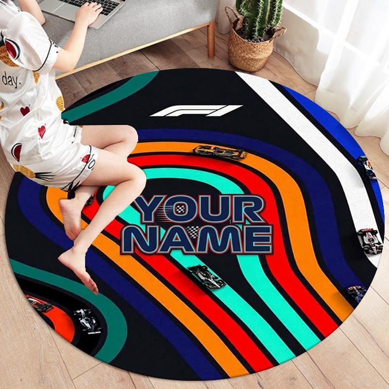 F1 Gear Custom Name Round Area Rug Carpet Rug For Living Room Bedroom Sofa Playroom Decor Nonslip Floor Mat