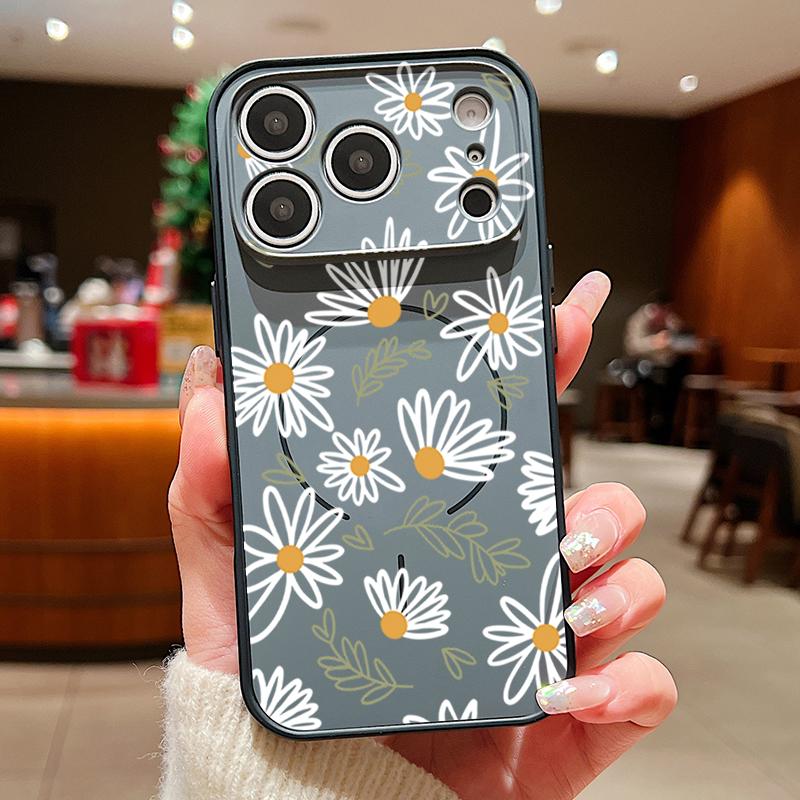 White Line Flowers Magnetic Phone Case For iPhone 17 Pro Max 16 15 14 13 Pro Max For Magsafe Wireless Charge TPU PC Back Cover